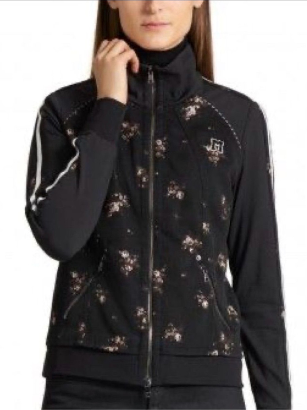 Marc Cain size1/ US 2 Black Floral Track Jacket with White Stripes - Picture 2 of 7